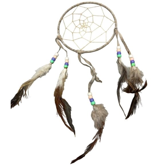 Dream catcher string beads feathers leather purple white READ - Picture 1 of 4